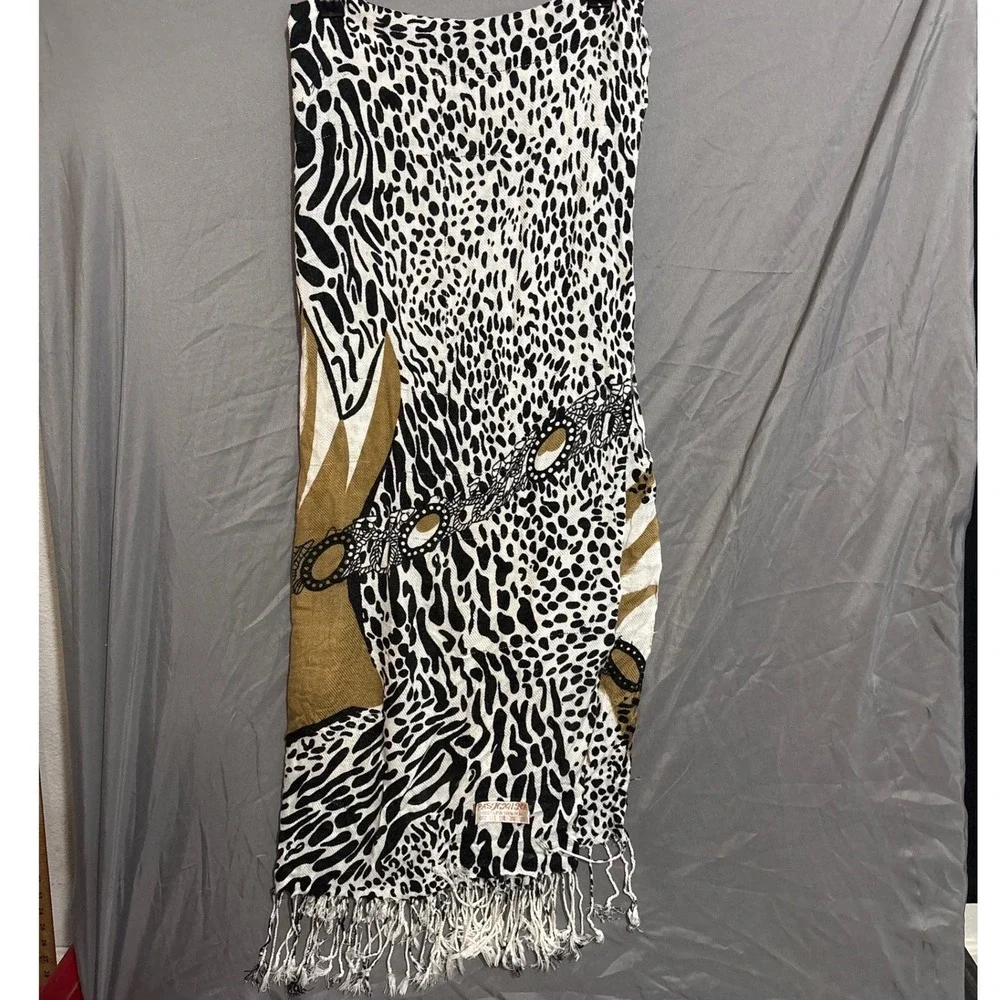 Pashmina Leopard Zebra Print Scarf Black Tan White Fringed Wrap Shawl 80 Inch
